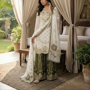 Elegant White and Green Embroidered Outfit
